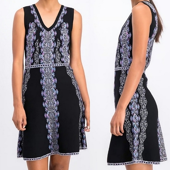 ❤️Nanette Lepore Black Multicolor Baroque Print Knit Fit & Flare Dress☆ - Picture 1 of 4